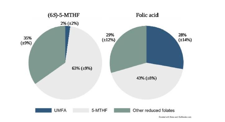 Mag-ingat! Ang isang pag-aaral sa Scientific Reports ay nagpapatunay na kapag ang mga babaeng nagpapasuso ay nagdaragdag ng folic acid, 28 % ng folate sa kanilang gatas ay hindi nagagamit na unmetabolized folic acid (UMFA)—14 na beses na mas mataas kaysa sa mga ina na kumukuha ng bio-active form.